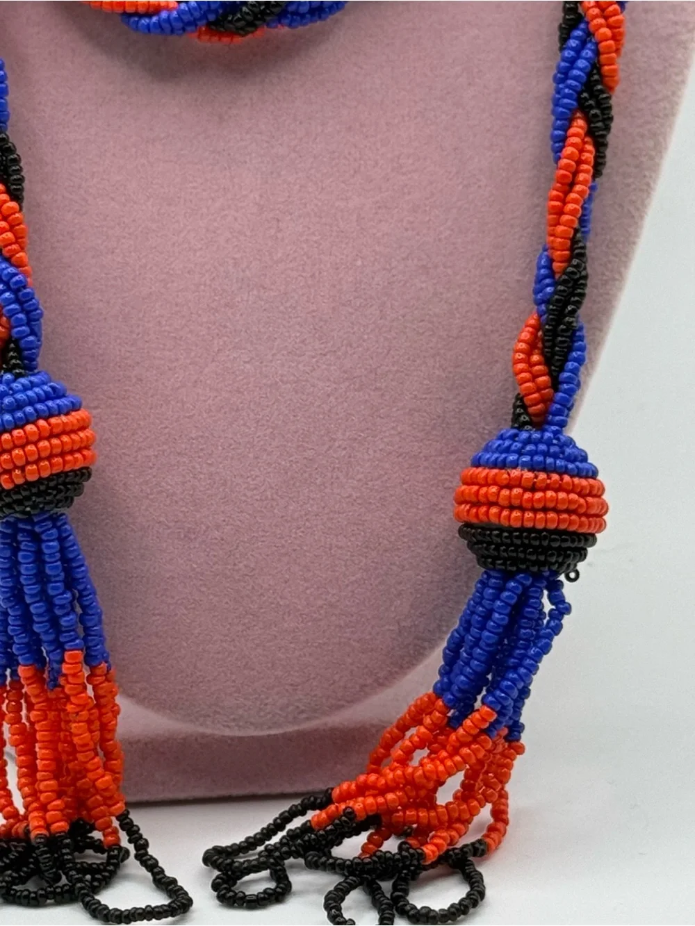 Braided Seed Bead Long Necklace - Blue, Red & Black